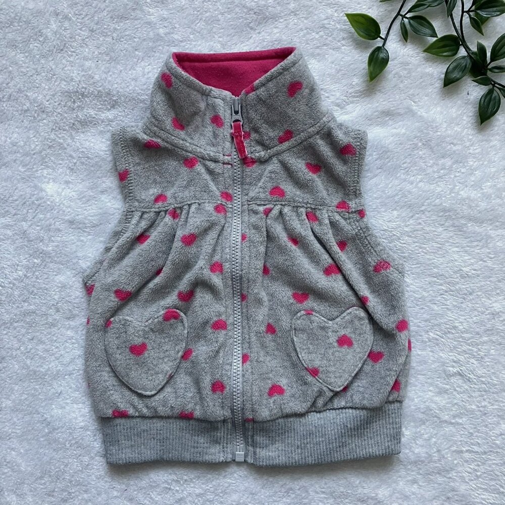 Carters Baby Fleece Vest Grey Pink Heart Print Sleeveless 6M